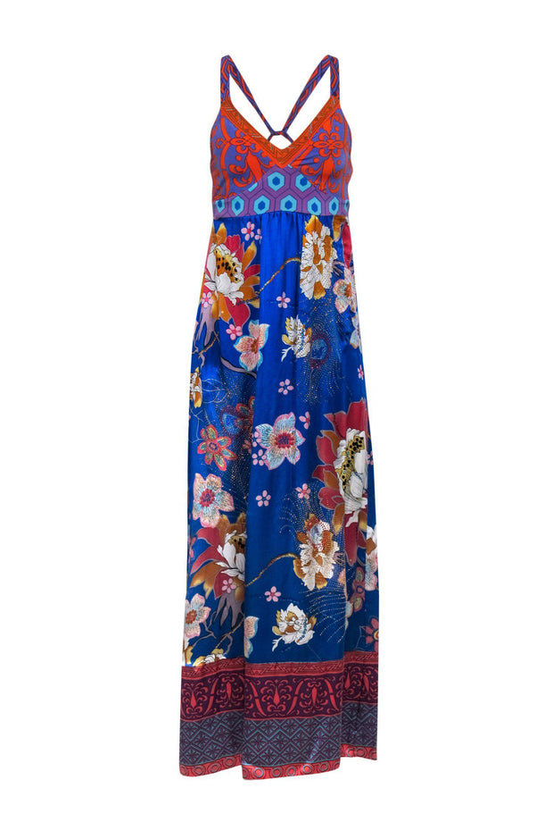 Current Boutique-Hale Bob - Blue, Orange & Purple Multi Print Beaded Sleeveless Silk Maxi Dress Sz S