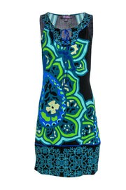 Current Boutique-Hale Bob - Green, Blue & Black Printed Sleeveless Silk Shift Dress Sz M