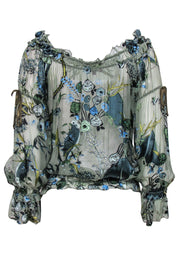 Current Boutique-Hale Bob - Sage Green Sheer Floral Blouse w/ Sequins & Ruffles Sz S