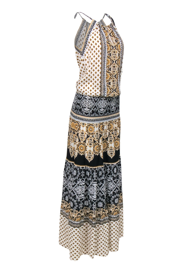 Current Boutique-Hale Bob - White, Black, & Tan Print Drop Waist Halter Maxi Dress Sz XS