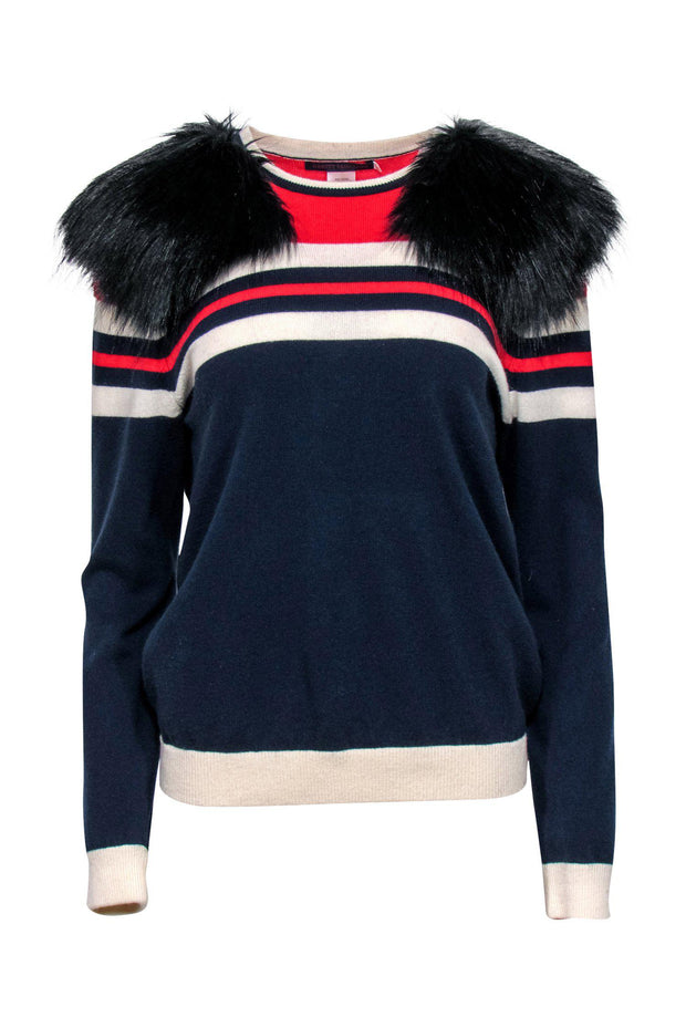 Current Boutique-Harvey Faircloth - Red, White & Blue Striped Sweater w/ Faux Fur Shoulder Detail Sz S