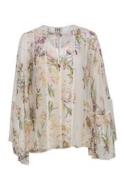 Current Boutique-Haute Hippie - Cream Floral Silk Peasant Blouse w/ Lace Trim Sz M