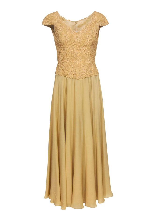 Current Boutique-Helen Morley for Saks Fifth Avenue - Beige Cap Sleeve Gown w/ Floral Lace Top Sz 8