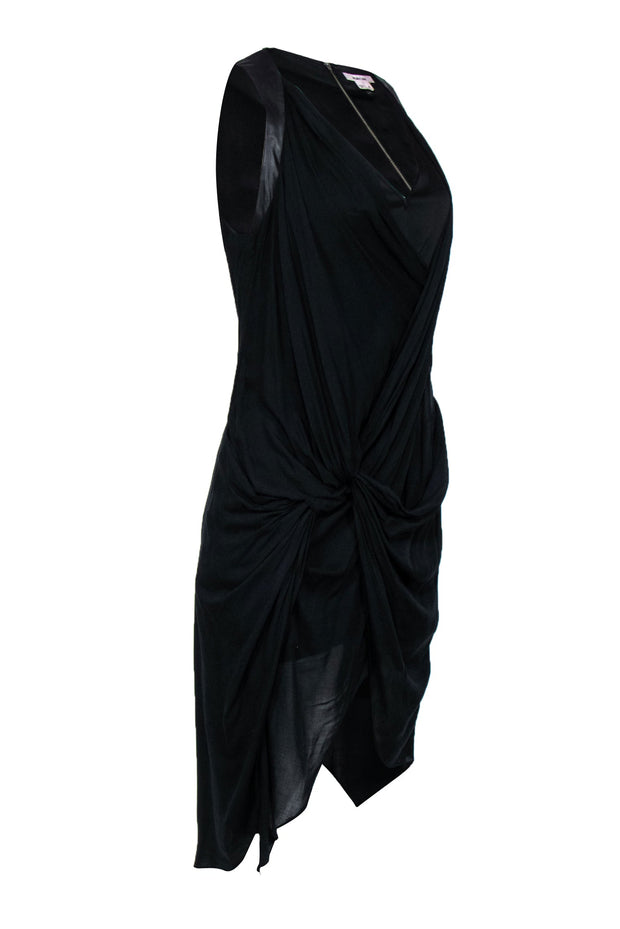 Current Boutique-Helmut Lang - Black Draped & Knotted Sleeveless Midi Dress w/ Leather Trim Sz 4