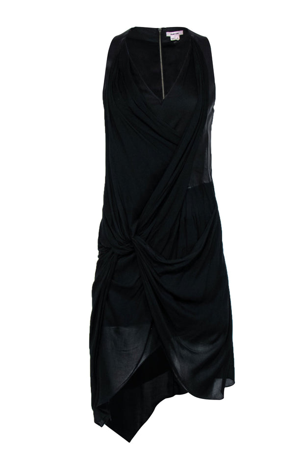 Current Boutique-Helmut Lang - Black Draped & Knotted Sleeveless Midi Dress w/ Leather Trim Sz 4