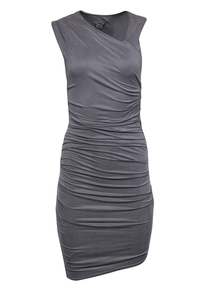 Current Boutique-Helmut Lang - Grey Sleeveless Ruched "Tuck" Midi Dress Sz S