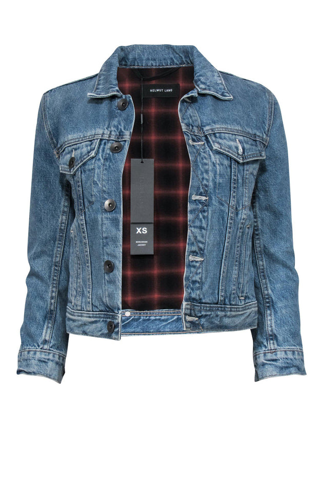 Current Boutique-Helmut Lang - Medium Wash Cropped Denim Jacket w/ Plaid Lining Sz XS