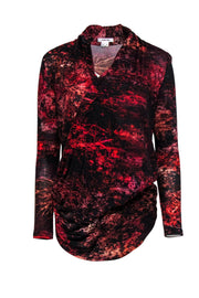 Current Boutique-Helmut Lang - Red & Black Abstract Forest Printed Draped Top Sz M