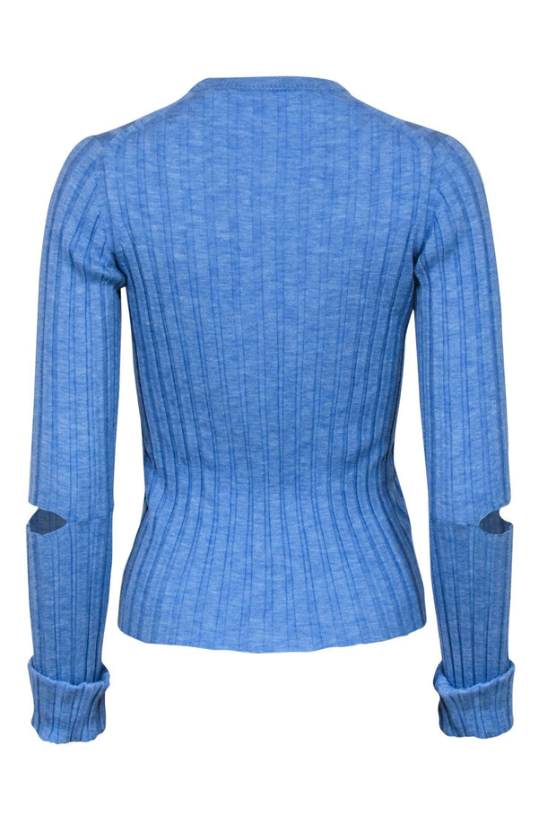 Current Boutique-Helmut Lang - Sky Blue Ribbed Wool Knit Sweater w/ Cutouts Sz M