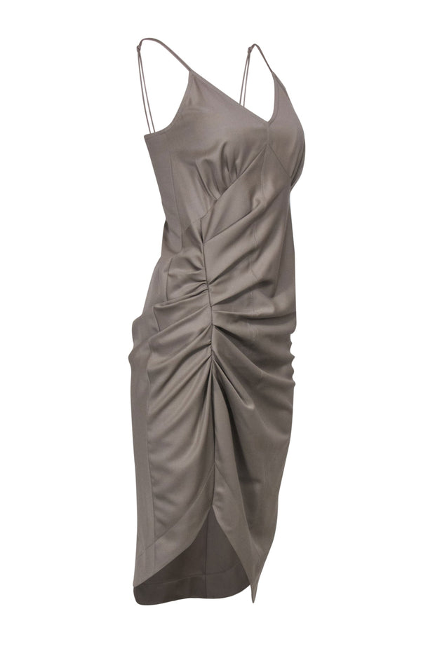 Current Boutique-Helmut Lang - Taupe Sleeveless Ruched Fitted Midi Dress w/ Asymmetrical Hem Sz 2