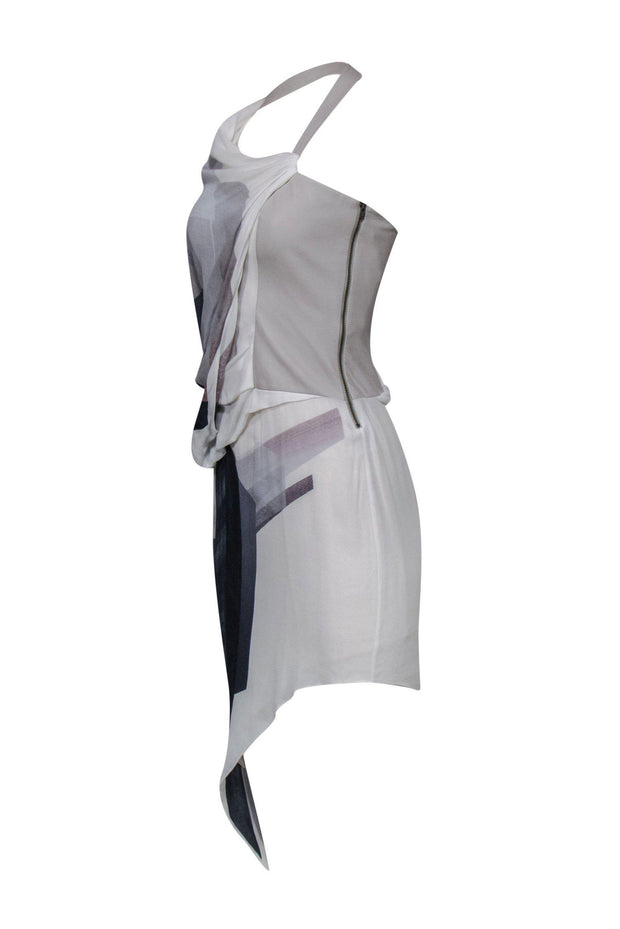 Current Boutique-Helmut Lang - White Leather Dress w/ Asymmetrical Silk Draping Sz 2