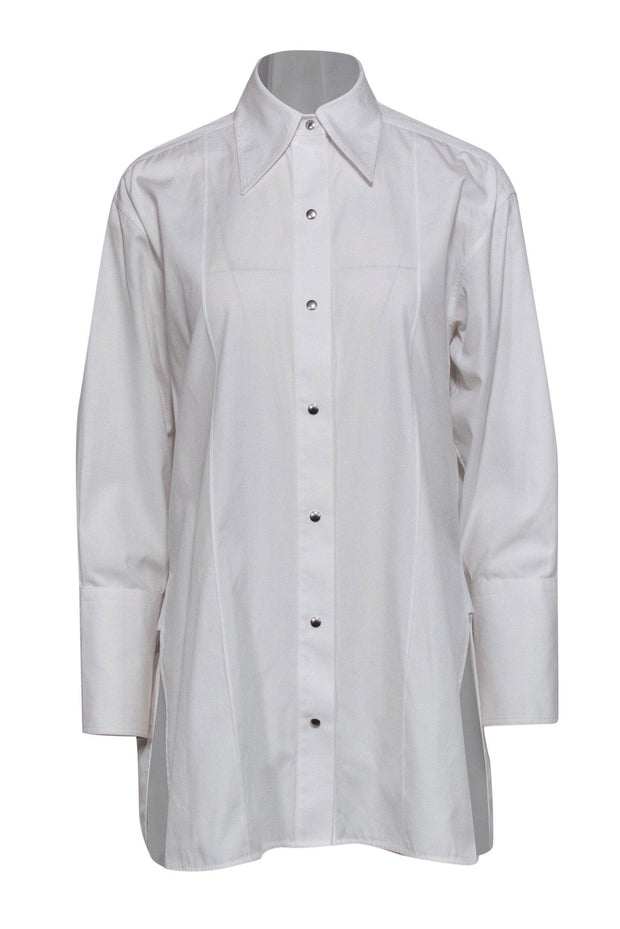 Current Boutique-Helmut Lang - White Oversized Button-Up Long Sleeve Blouse Sz S