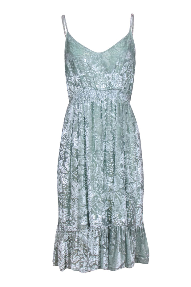 Current Boutique-Hemant & Nandita - Mint & Gold Floral Velvet Burnout Midi Dress Sz S