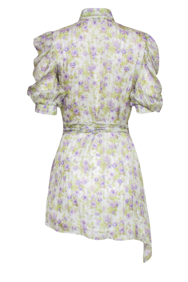 Current Boutique-Hemant & Nandita - White, Purple & Green Floral Puff Sleeve Dress Sz XS