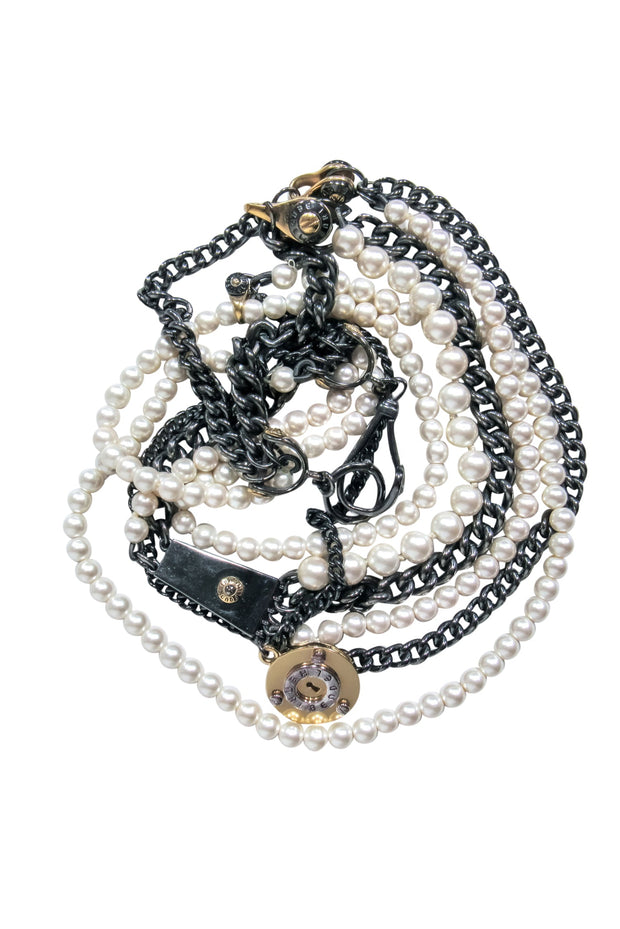 Current Boutique-Henri Bendel - Pewter Chain Layered Necklace w/ Faux Pearls & Lock Embellishment