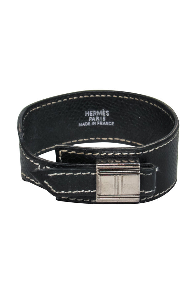 Current Boutique-Hermes - Black Leather "Artemis" Contrasting Stitched Bow Cuff Bracelet