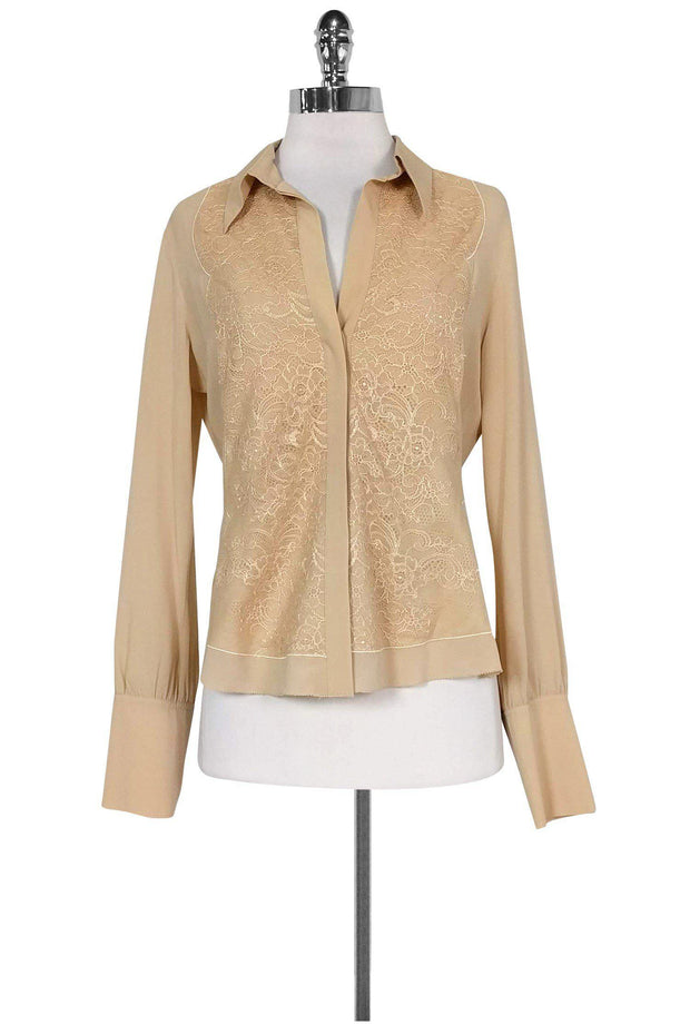 Current Boutique-Herve Leger - Beige Lace & Silk Blouse Sz 8