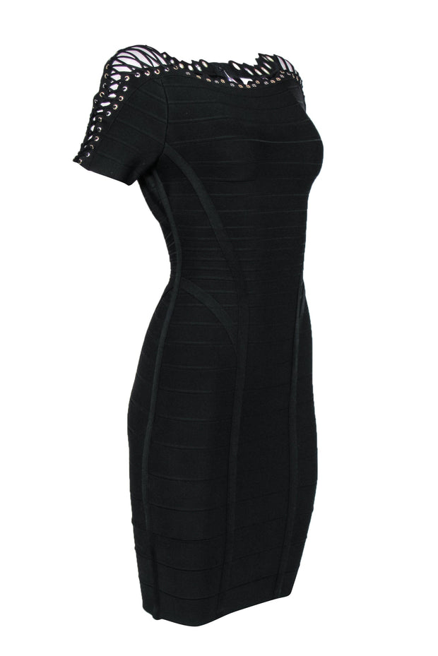 Current Boutique-Herve Leger - Black Bandage Bodycon Dress w/ Lace-Up & Grommet Trim Sz S