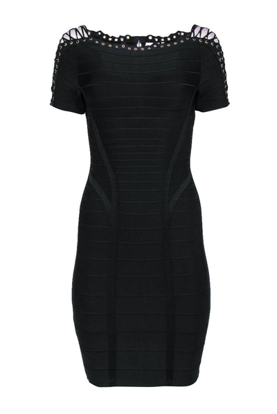 Current Boutique-Herve Leger - Black Bandage Bodycon Dress w/ Lace-Up & Grommet Trim Sz S