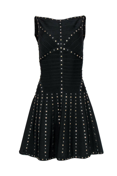 Current Boutique-Herve Leger - Black Sleeveless Bandage Fit & Flare Dress w/ Studs Sz S