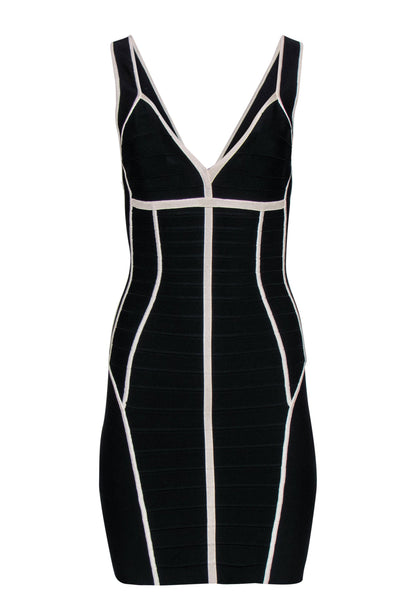 Current Boutique-Herve Leger - Black & White Plunge Bodycon Bandage Dress Sz M