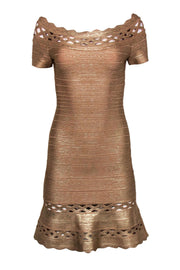 Current Boutique-Herve Leger - Gold Bandage Bodycon Dress w/ Lattice Cutouts Sz L