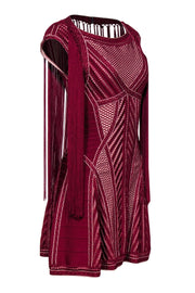 Current Boutique-Herve Leger - Maroon Mesh Sleeveless Fit & Flare Dress w/ Fringe Sz S