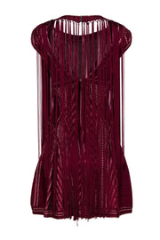 Current Boutique-Herve Leger - Maroon Mesh Sleeveless Fit & Flare Dress w/ Fringe Sz S