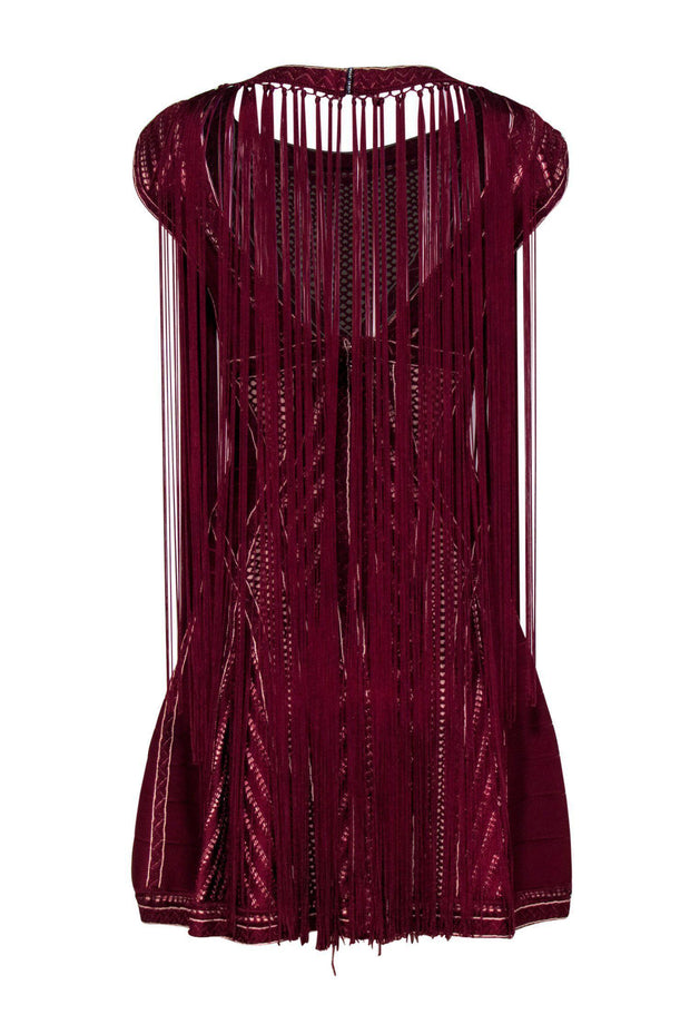 Current Boutique-Herve Leger - Maroon Mesh Sleeveless Fit & Flare Dress w/ Fringe Sz S