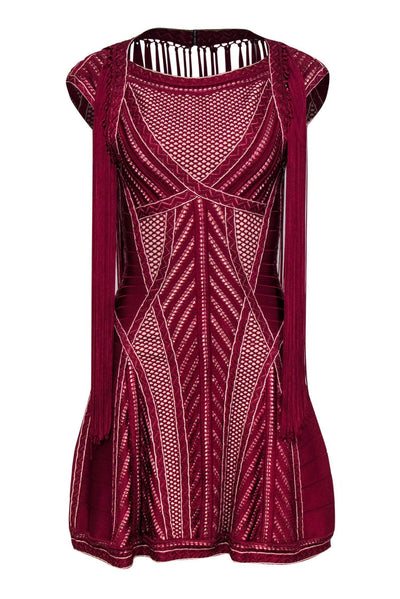 Current Boutique-Herve Leger - Maroon Mesh Sleeveless Fit & Flare Dress w/ Fringe Sz S