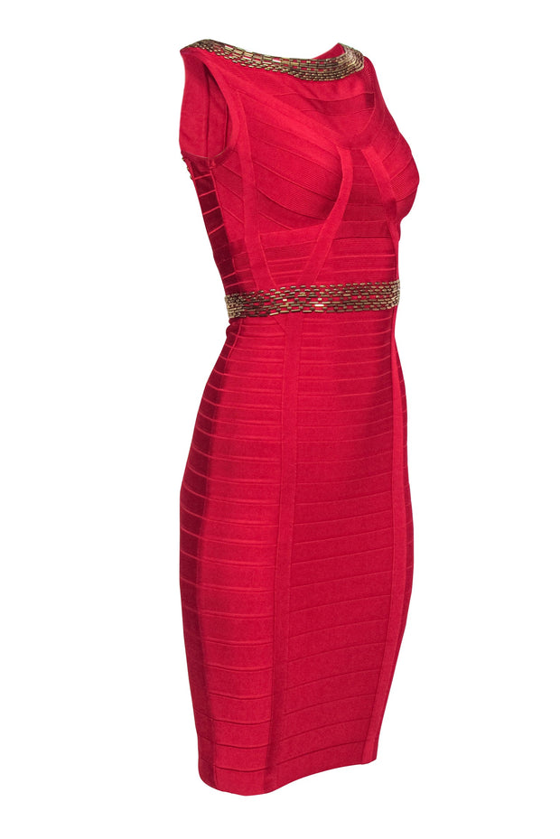 Current Boutique-Herve Leger - Red Bandage Dress w/ Antiqued Gold Beaded Trim Sz XS