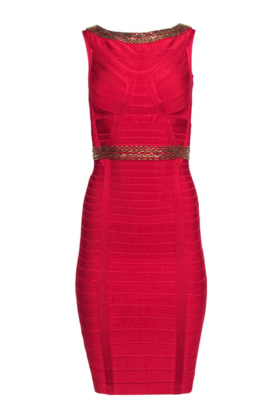 Current Boutique-Herve Leger - Red Bandage Dress w/ Antiqued Gold Beaded Trim Sz XS