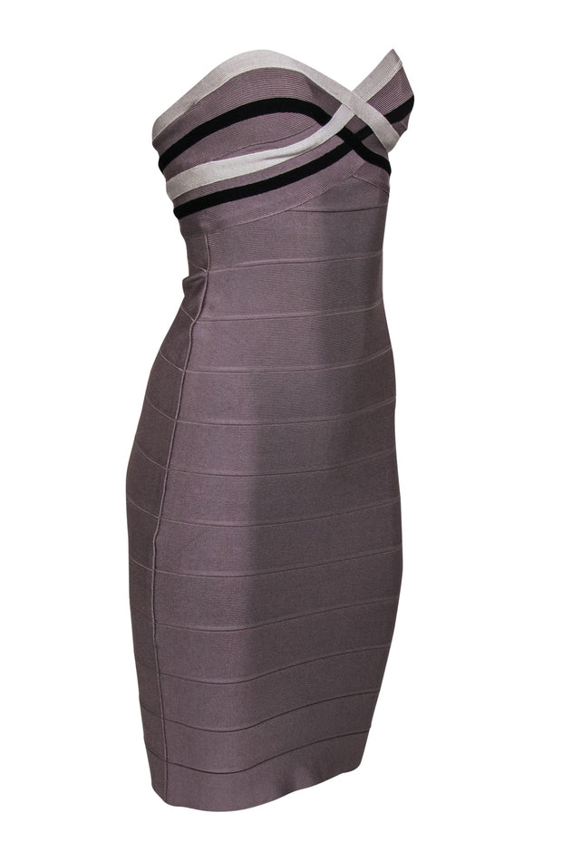 Current Boutique-Herve Leger - Taupe Strapless Bandage Midi Dress Sz S