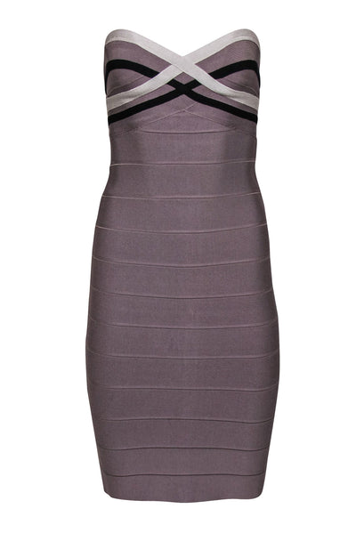 Current Boutique-Herve Leger - Taupe Strapless Bandage Midi Dress Sz S