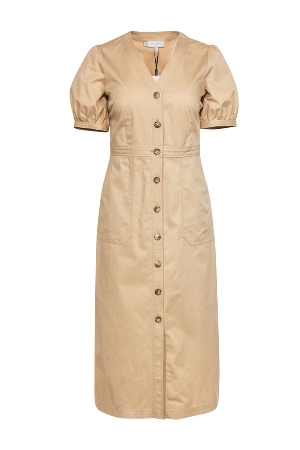 Current Boutique-Hobbs - Khaki Chino Button-Down Midi Shirtdress w/ Puff Sleeve Sz 2