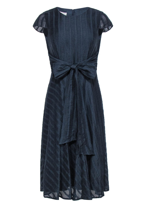 Current Boutique-Hobbs - Navy Textured Striped Cap Sleeve Midi Dress w/ Back Tie Sz 4