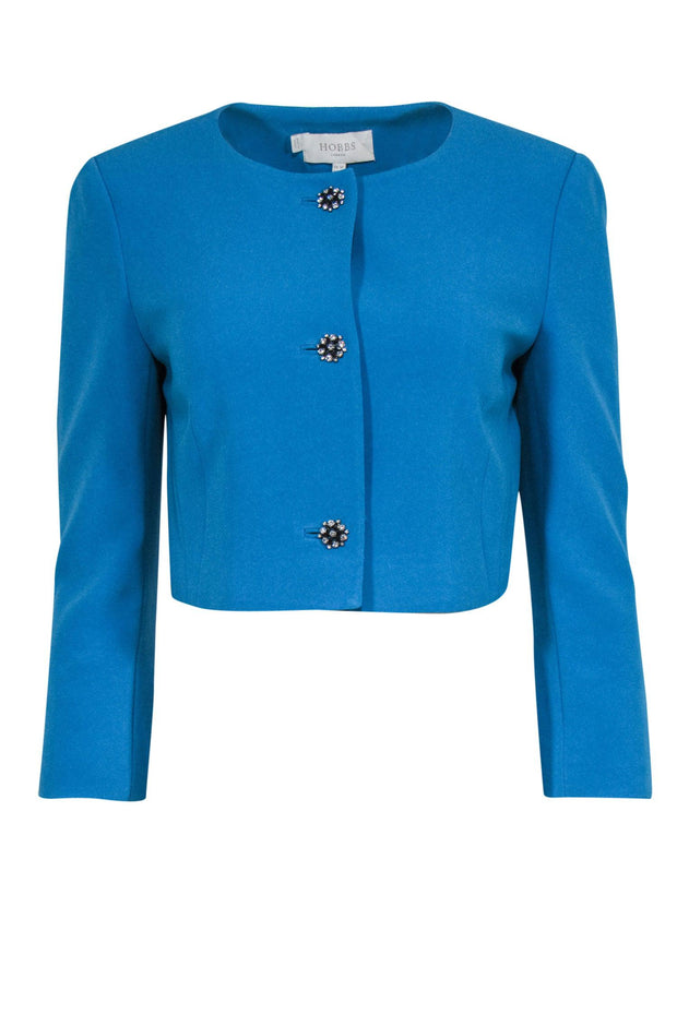 Current Boutique-Hobbs - Teal Cropped Blazer w/ Round Neckline & Flower Rhinestone Buttons Sz 6