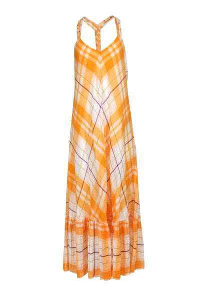 Current Boutique-Holding Horses - Orange & Purple Metallic Plaid Cotton Maxi Dress Sz L