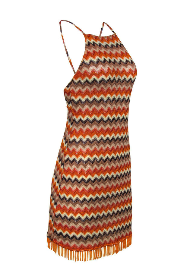 Current Boutique-House of Harlow 1960 x Revolve - Orange, White & Beige Chevron Print Knitted Dress w/ Beaded Fringe Sz S