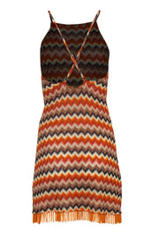 Current Boutique-House of Harlow 1960 x Revolve - Orange, White & Beige Chevron Print Knitted Dress w/ Beaded Fringe Sz S