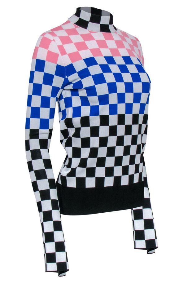 Current Boutique-House of Holland - White, Pink, Blue & Black Checkered Mock Neck Knit Top Sz S/M