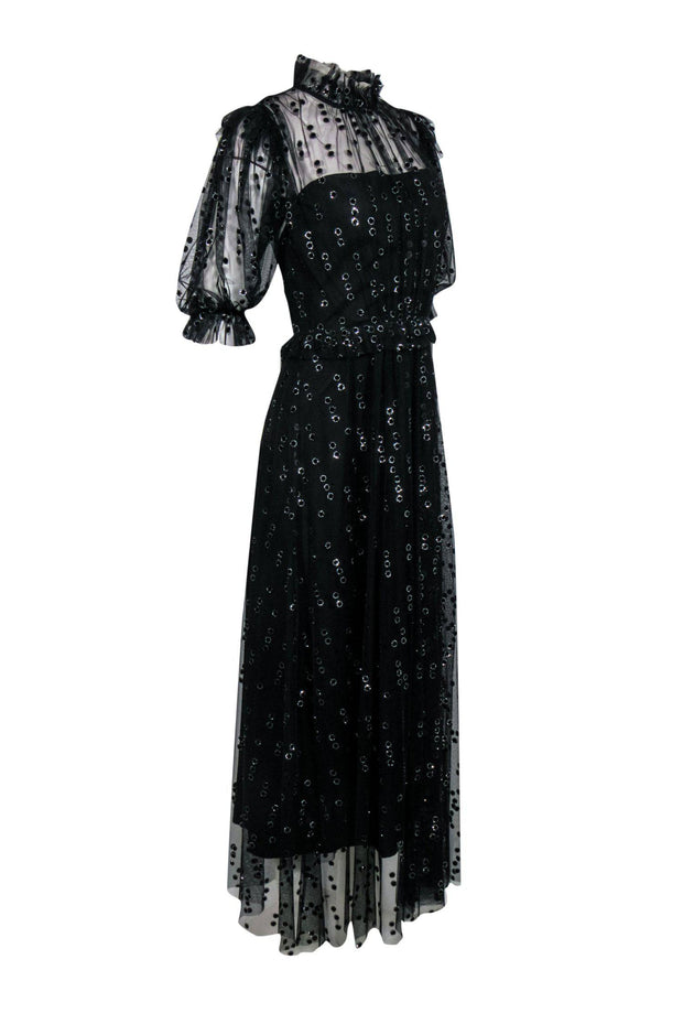 Current Boutique-Hunter Bell - Black & Silver Sparkly Polka Dot Sheer Ruffle Maxi Dress Sz 2