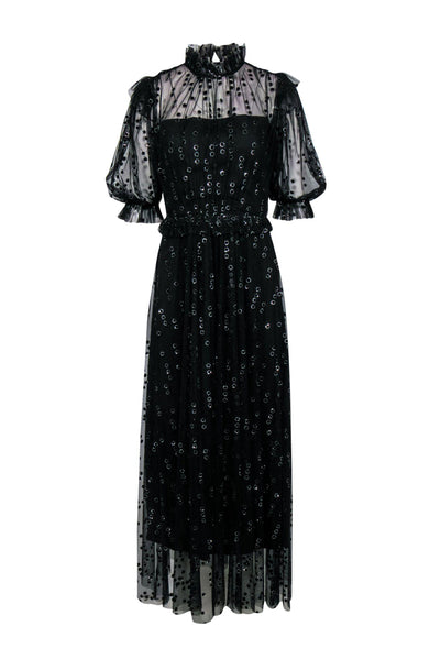 Current Boutique-Hunter Bell - Black & Silver Sparkly Polka Dot Sheer Ruffle Maxi Dress Sz 2