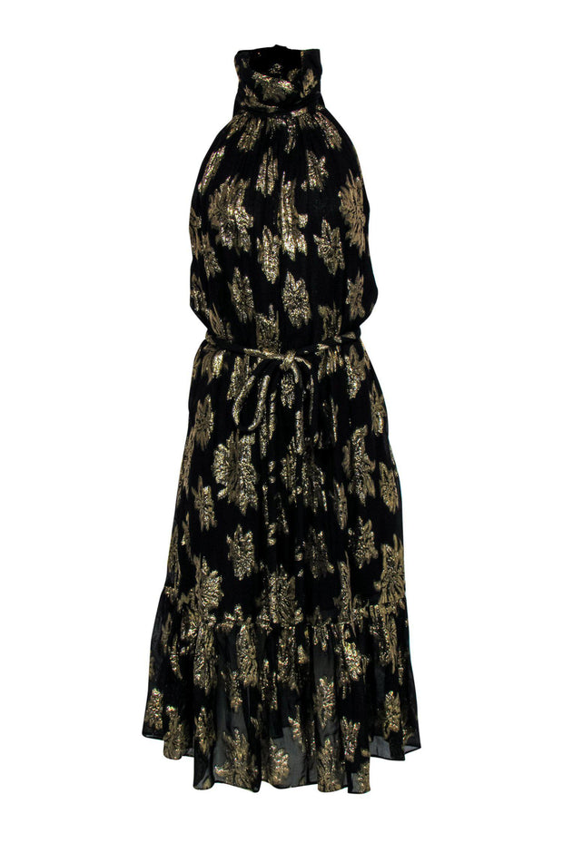 Current Boutique-IRO - Black & Gold Metallic Floral Print Sleeveless Belted Maxi Dress Sz 8