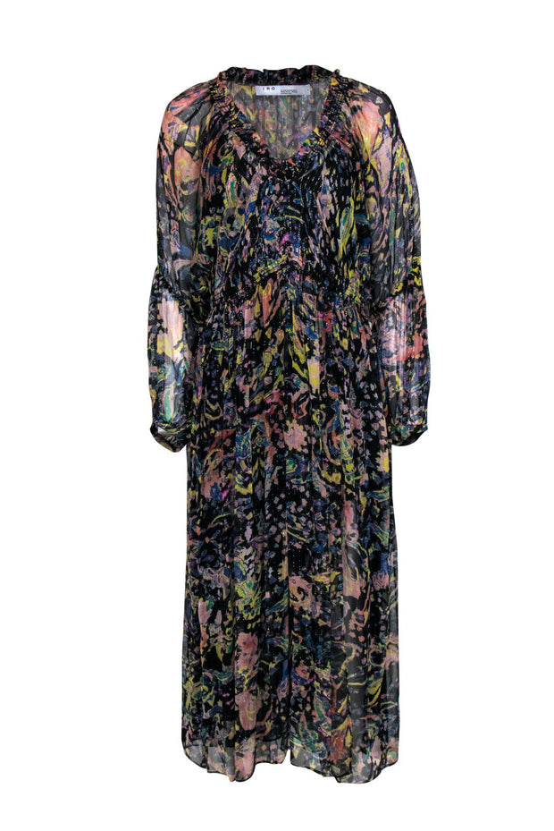 Current Boutique-IRO - Black Sheer Maxi Dress w/ Multicolor Print & Metallic Detail Sz 2