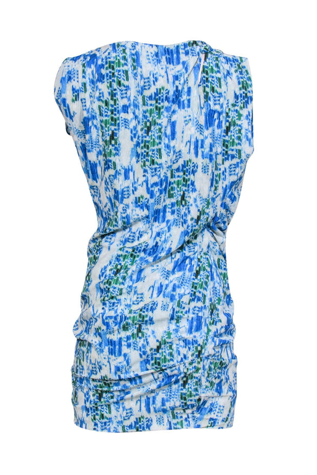 Current Boutique-IRO - Blue, White & Green Abstract Print Ruched Shift Dress w/ Shoulder Cutouts Sz 4