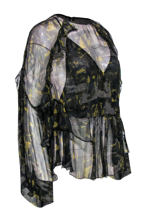 Current Boutique-IRO - Green Printed Sheer Ruffle Blouse Size S/M