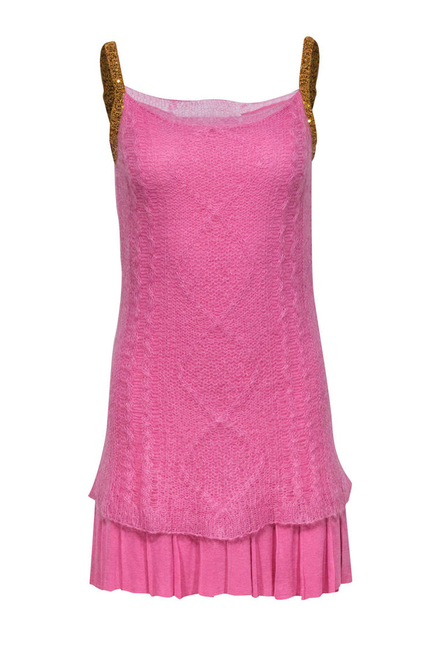 Current Boutique-Iisli - Pink Fuzzy Knit Slip Dress w/ Pleated Hem & Sequins Sz S