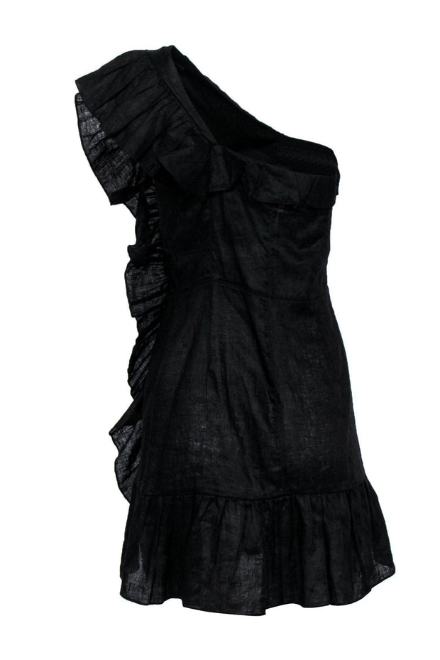 Current Boutique-Isabel Marant - Black Linen One Shoulder Ruffle Mini Dress Sz 8