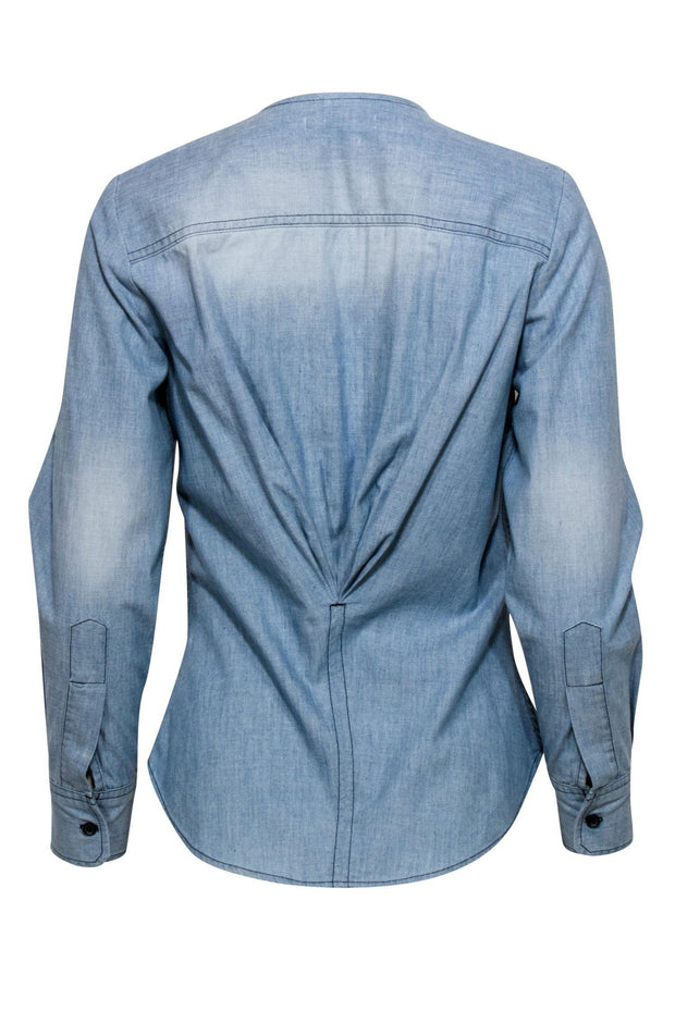 Current Boutique-Isabel Marant Etoile - Blue Chambray Long Sleeve Ruffle Zip-Up Blouse Sz 6